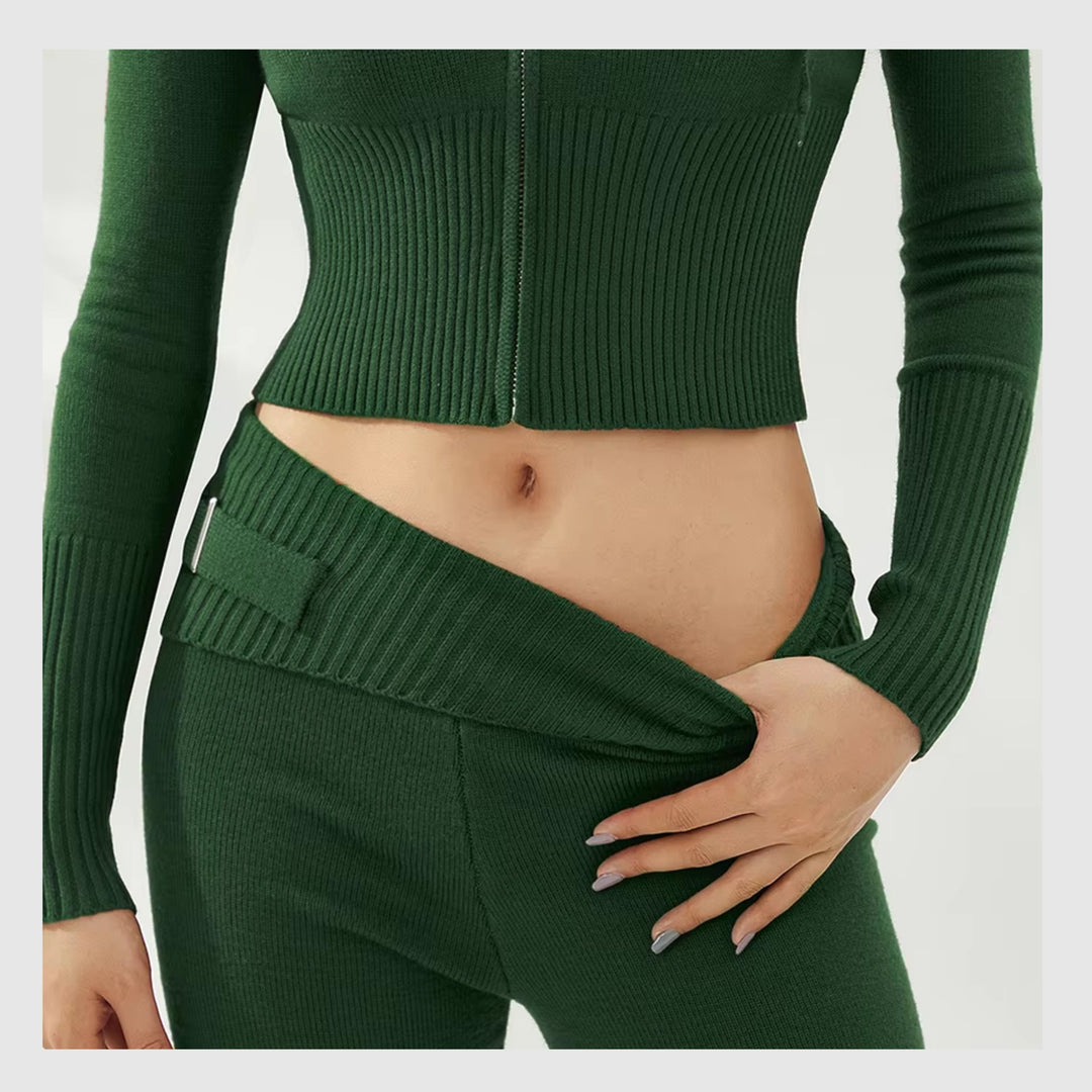 Ensemble Côtelé Lounge – Hoodie Zippé & Pantalon Taille Haute