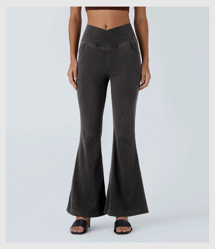 Pantalon Denim Évasé – Coupe Croisée Taille Haute