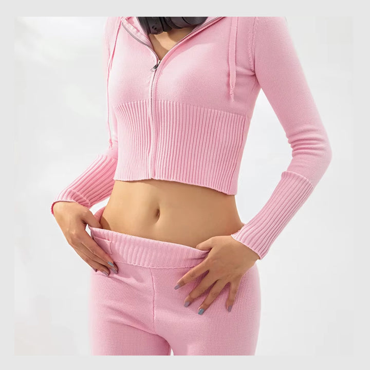 Ensemble Côtelé Lounge – Hoodie Zippé & Pantalon Taille Haute