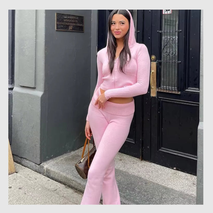 Ensemble Côtelé Lounge – Hoodie Zippé & Pantalon Taille Haute