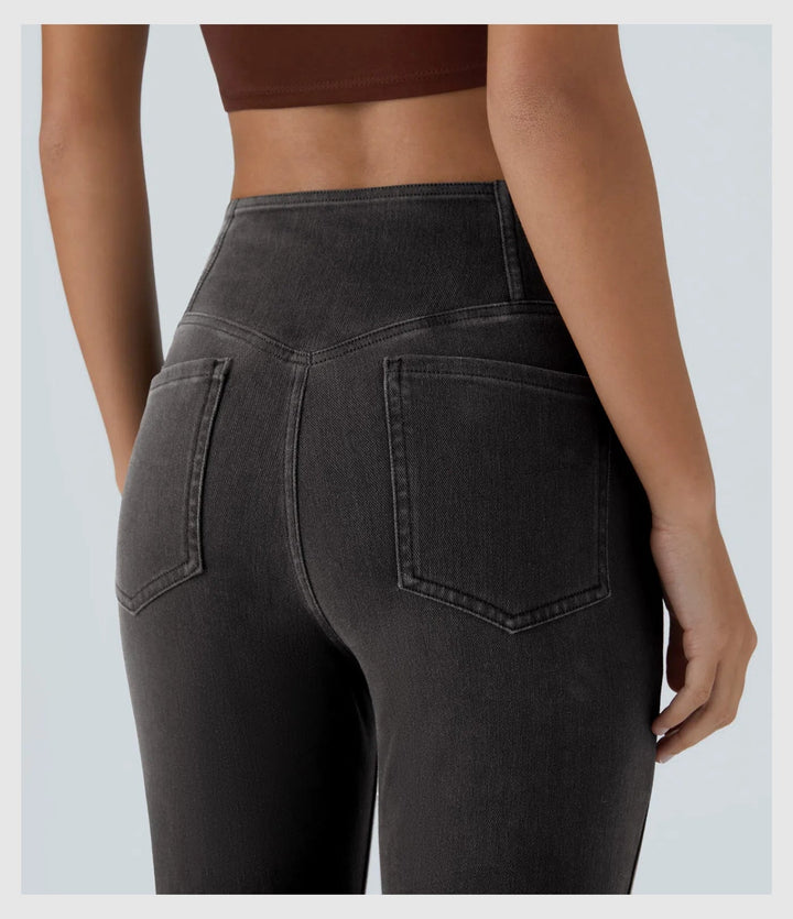Pantalon Denim Évasé – Coupe Croisée Taille Haute
