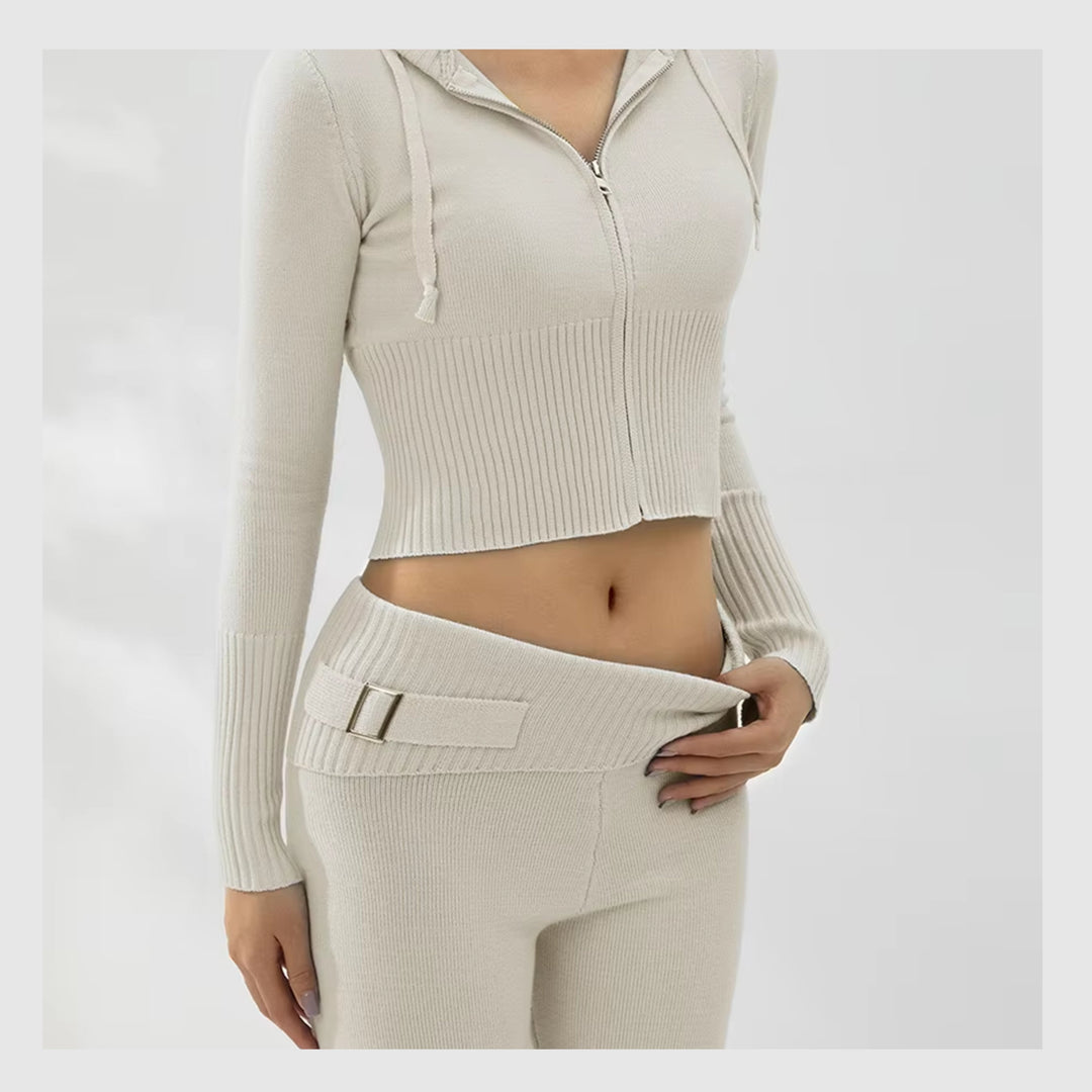 Ensemble Côtelé Lounge – Hoodie Zippé & Pantalon Taille Haute