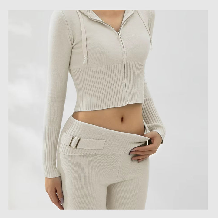 Ensemble Côtelé Lounge – Hoodie Zippé & Pantalon Taille Haute