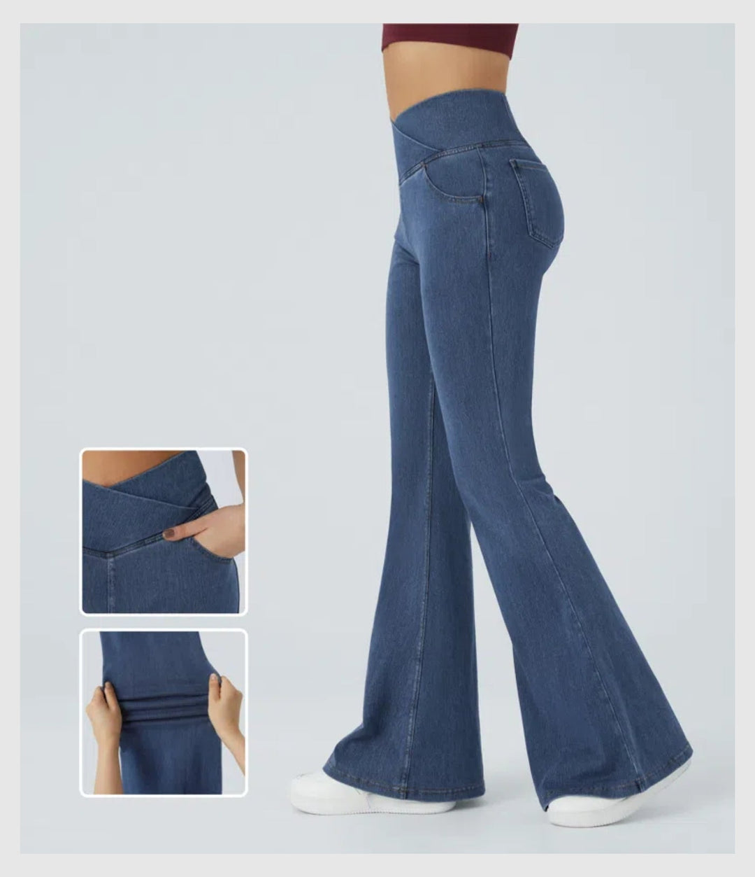 Pantalon Denim Évasé – Coupe Croisée Taille Haute