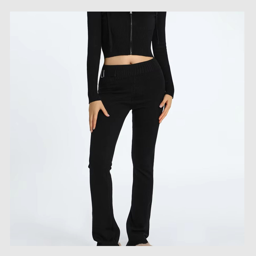 Ensemble Côtelé Lounge – Hoodie Zippé & Pantalon Taille Haute