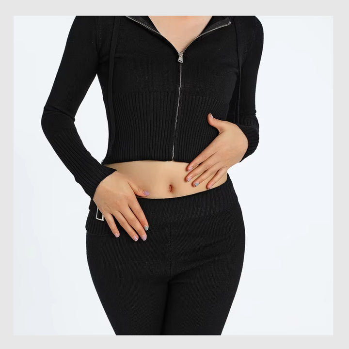 Ensemble Côtelé Lounge – Hoodie Zippé & Pantalon Taille Haute