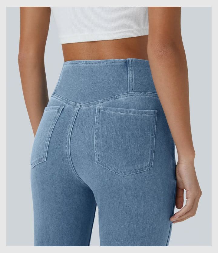 Pantalon Denim Évasé – Coupe Croisée Taille Haute