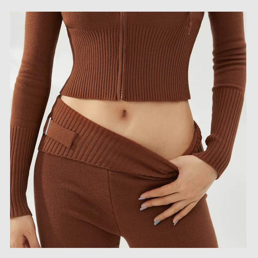 Ensemble Côtelé Lounge – Hoodie Zippé & Pantalon Taille Haute