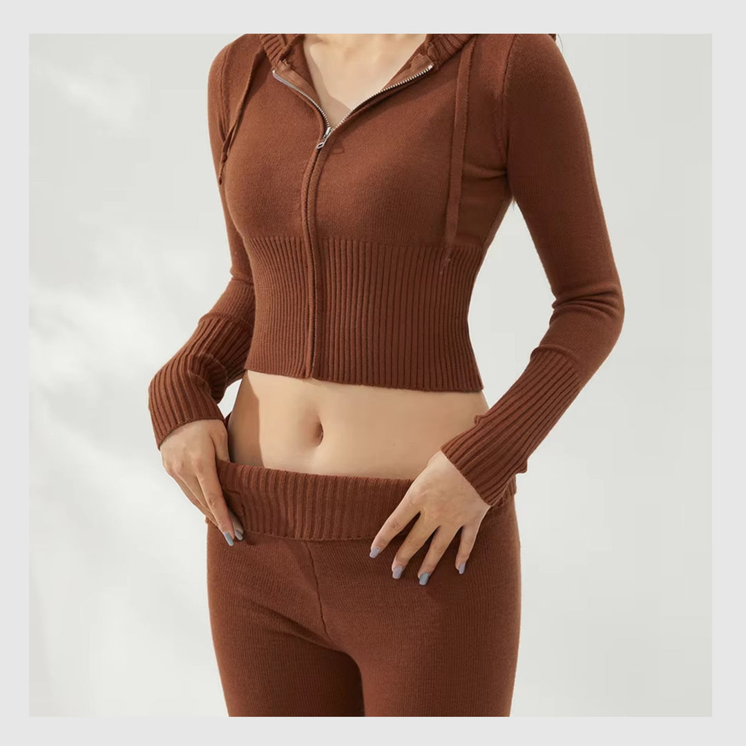 Ensemble Côtelé Lounge – Hoodie Zippé & Pantalon Taille Haute