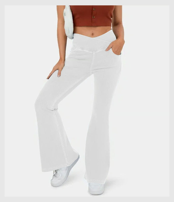 Pantalon Denim Évasé – Coupe Croisée Taille Haute