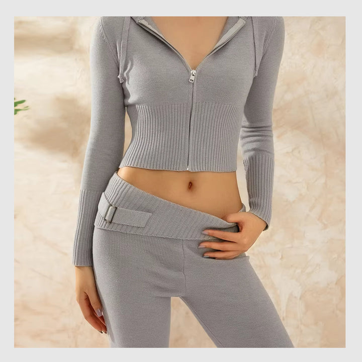 Ensemble Côtelé Lounge – Hoodie Zippé & Pantalon Taille Haute