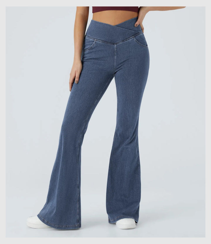 Pantalon Denim Évasé – Coupe Croisée Taille Haute