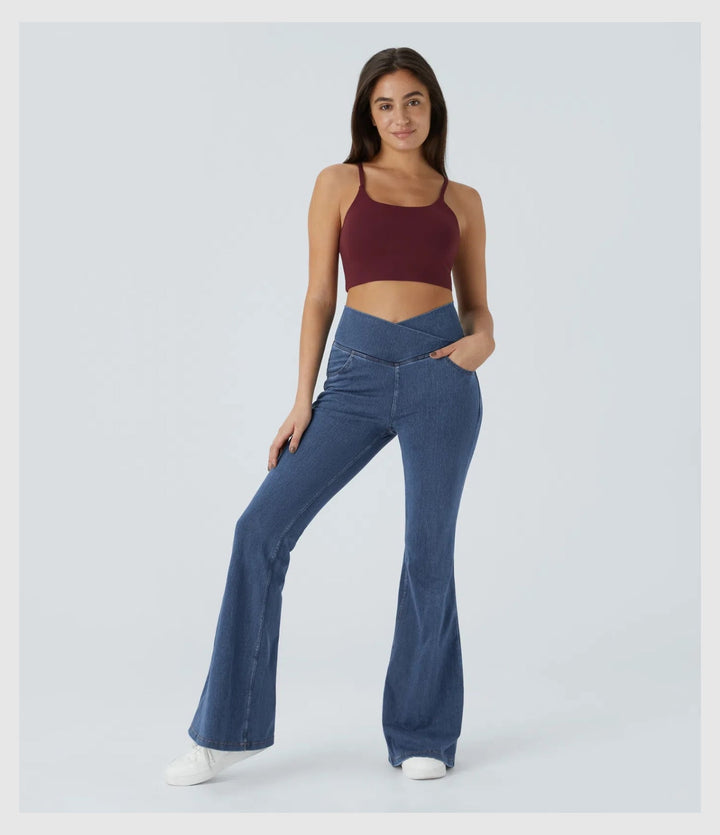 Pantalon Denim Évasé – Coupe Croisée Taille Haute