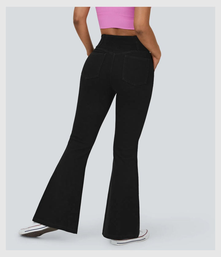 Pantalon Denim Évasé – Coupe Croisée Taille Haute