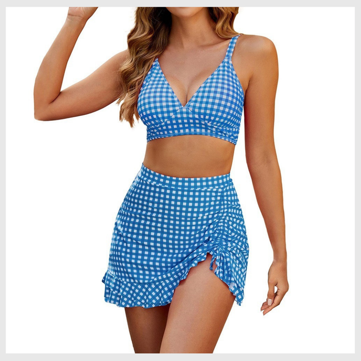 Bikini Taille Haute – Dos Nu & Jupe Froncée