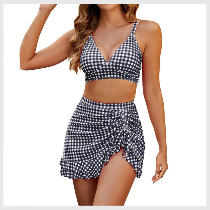 Bikini Taille Haute – Dos Nu & Jupe Froncée