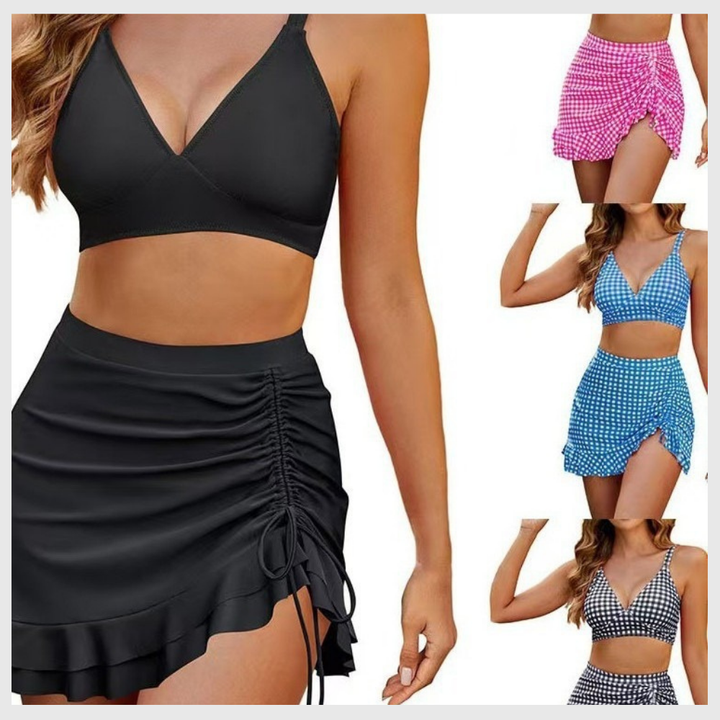 Bikini Taille Haute – Dos Nu & Jupe Froncée