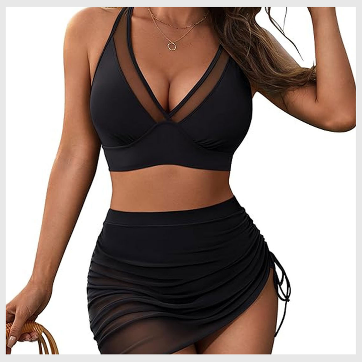 Bikini Gainant Taille Haute – Jupe en Mesh Intégrée