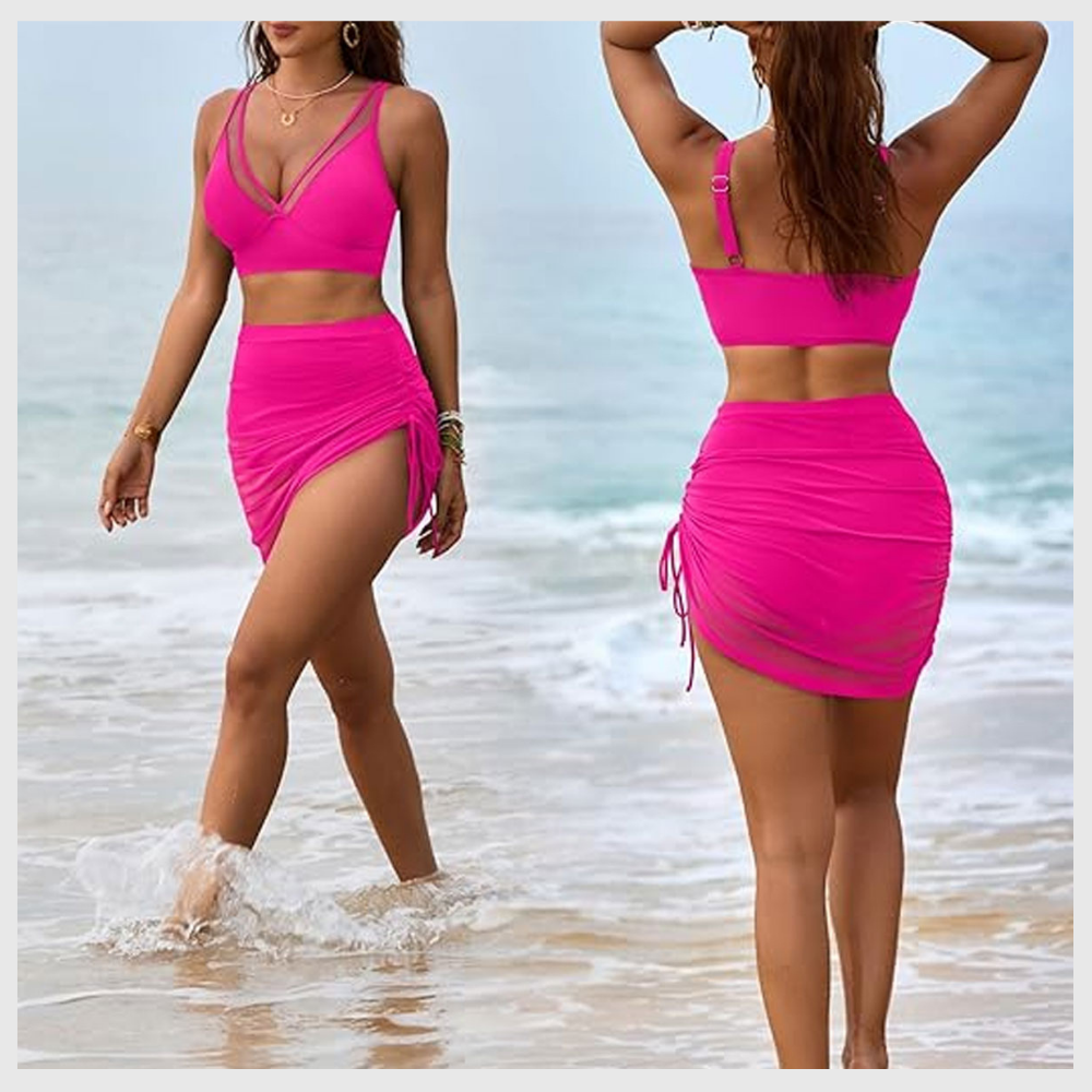 Bikini Gainant Taille Haute – Jupe en Mesh Intégrée