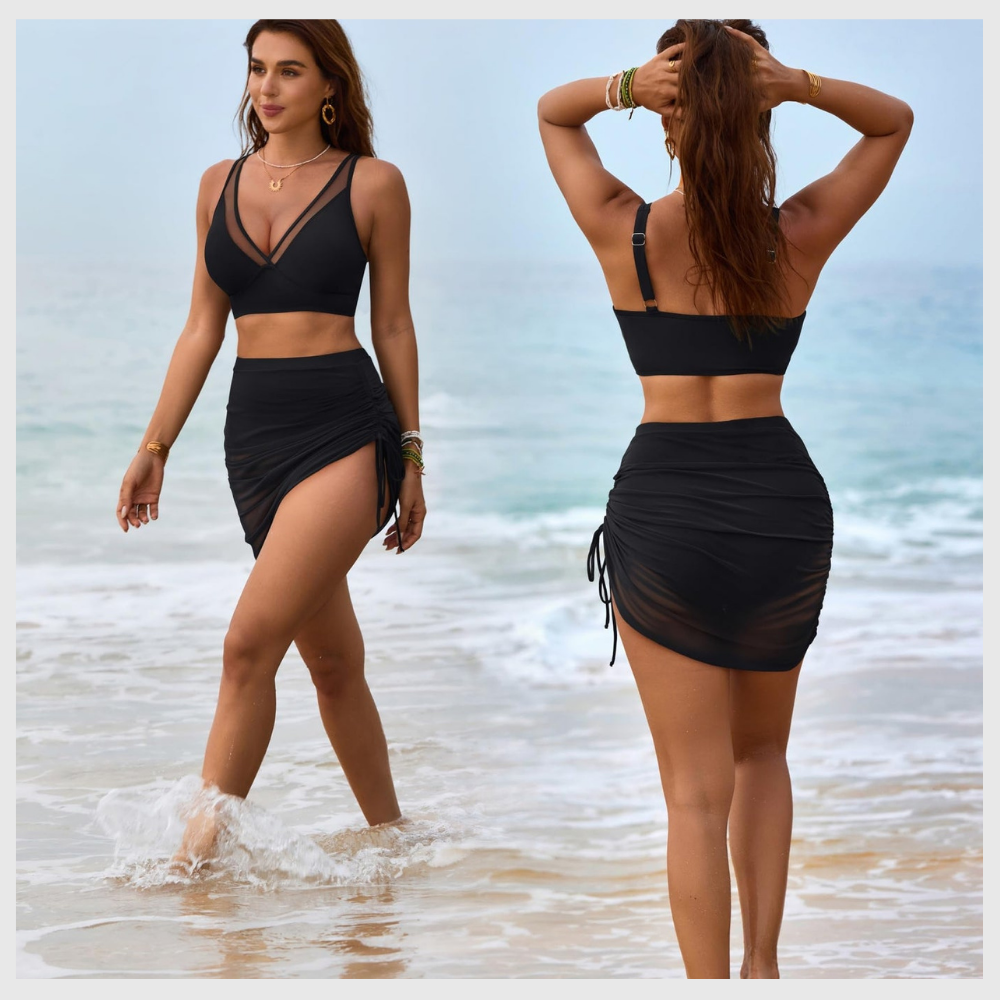 Bikini Gainant Taille Haute – Jupe en Mesh Intégrée