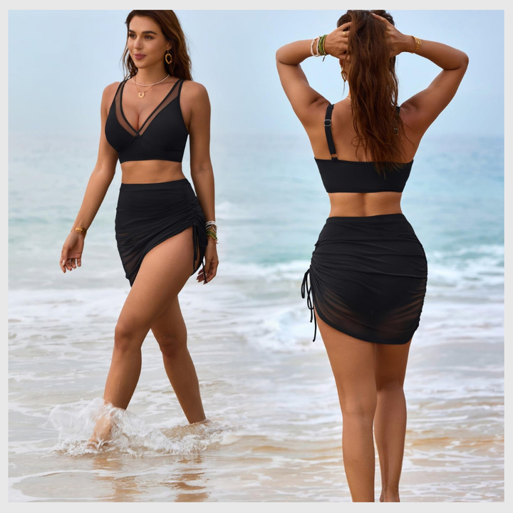 Bikini Gainant Taille Haute – Jupe en Mesh Intégrée
