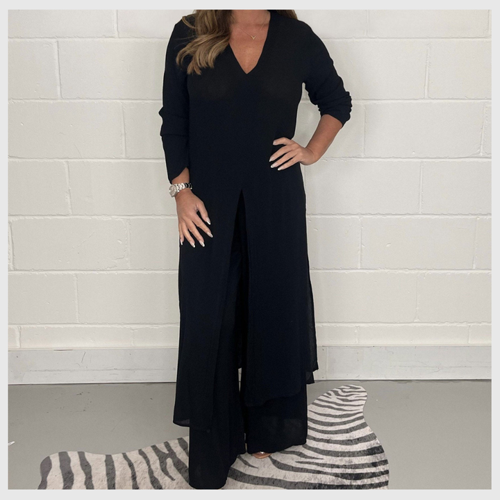 Ensemble Élégant Femme – Haut Long & Pantalon Uni