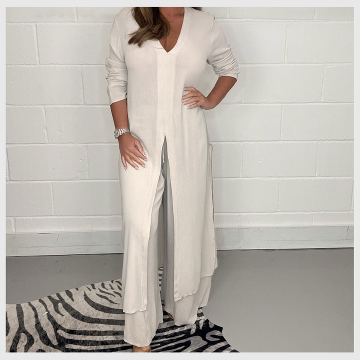 Ensemble Élégant Femme – Haut Long & Pantalon Uni