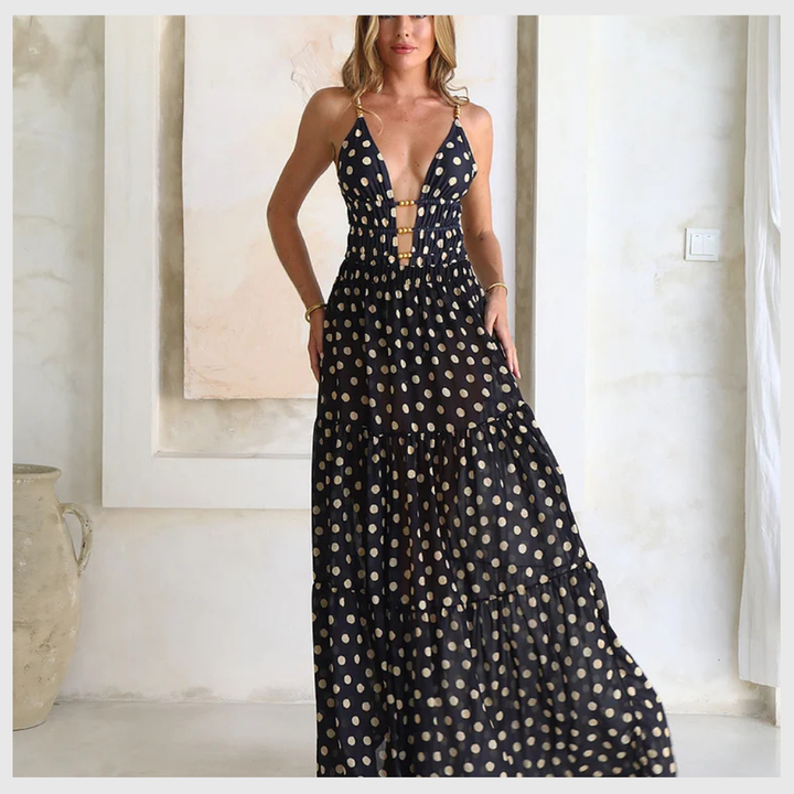 Maillot de Bain Chic à Pois – Col V & Jupe Intégrée