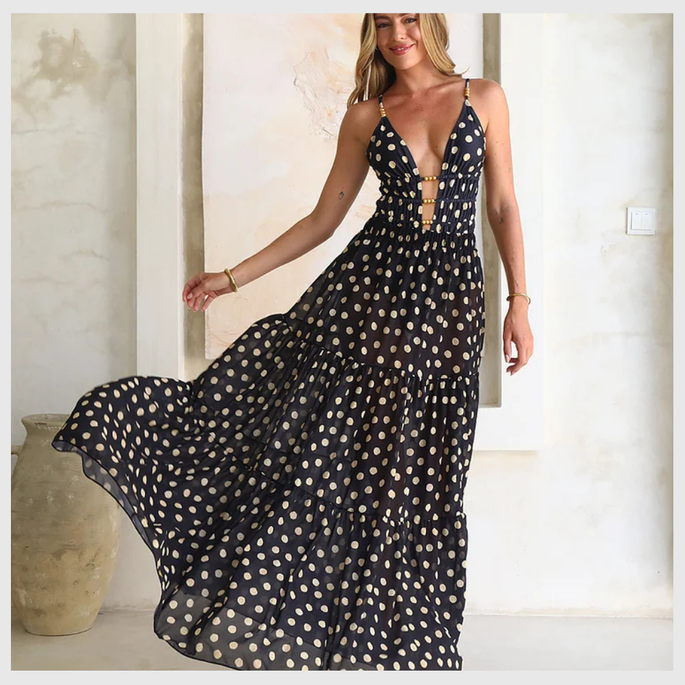 Maillot de Bain Chic à Pois – Col V & Jupe Intégrée