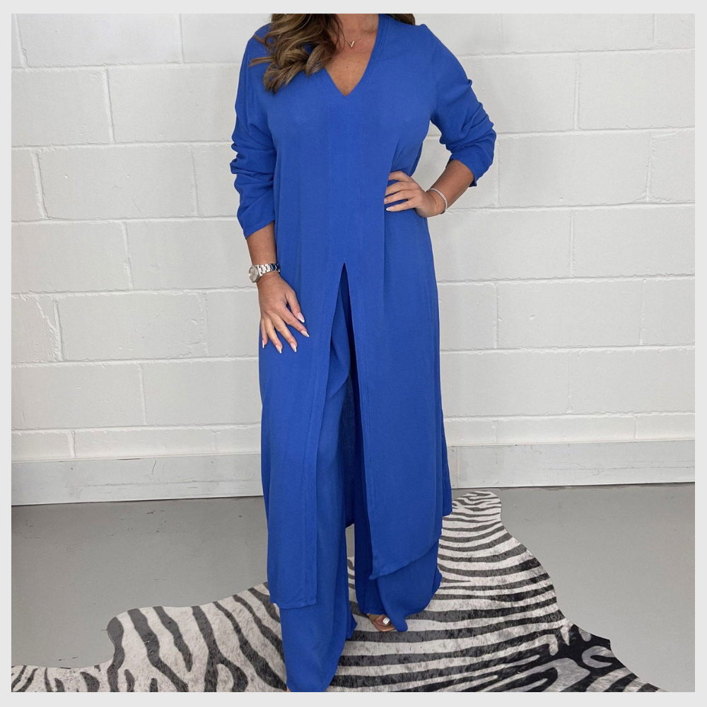 Ensemble Élégant Femme – Haut Long & Pantalon Uni