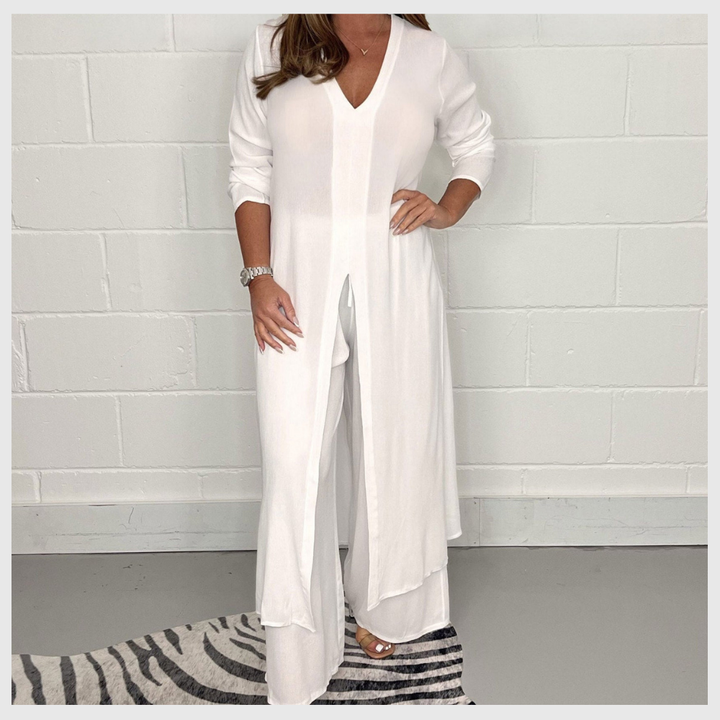 Ensemble Élégant Femme – Haut Long & Pantalon Uni